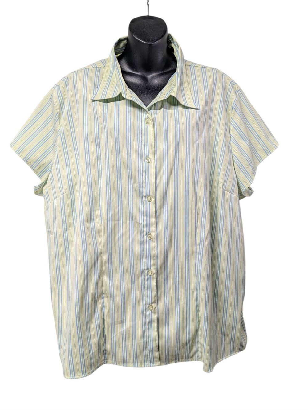 DCC Woman Womens 3X Plus Beige Blue Green Striped Stretch Collared Button-Up